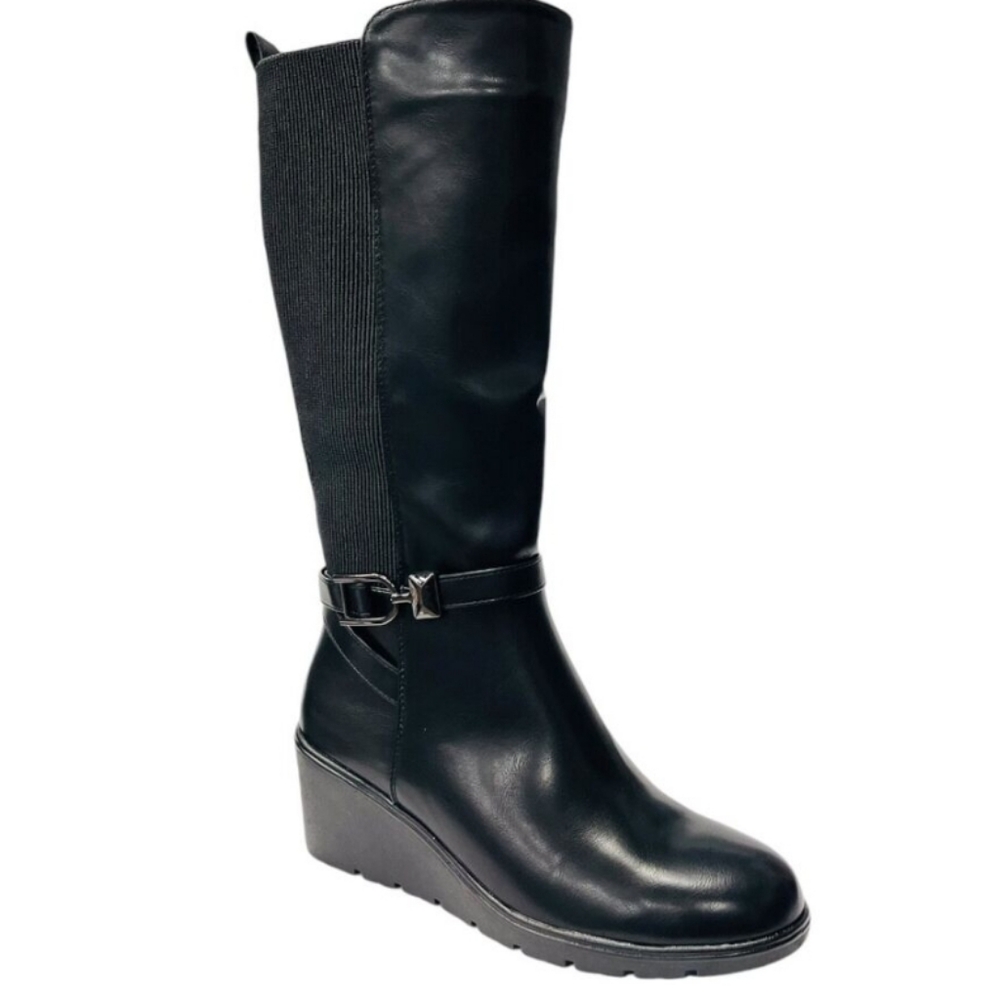 Blondo Knee-High Black Leather Riding Style Boots Stretch Calf Wedge Heel 6.5